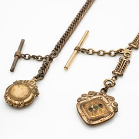 Two Antique Gold GF Victorian Watch Chains with Fobs Incl Compass Fob