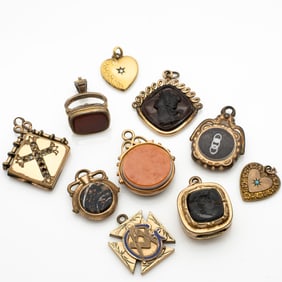 Group of 10 Gold GF Charms and Fobs with Hardstone and Enamel