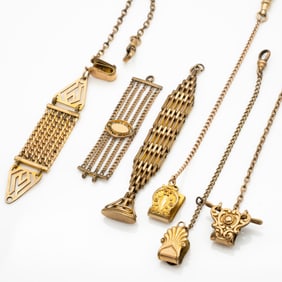 Group of Six Antique Gold GF Watch Fob Chains Incl Vest Clips