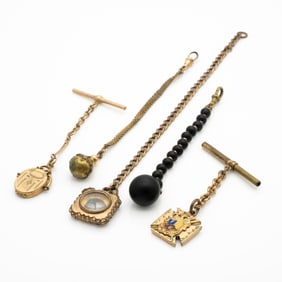 Group of Antique Gold GF Watch Chains with Compass, Lockets & Charms