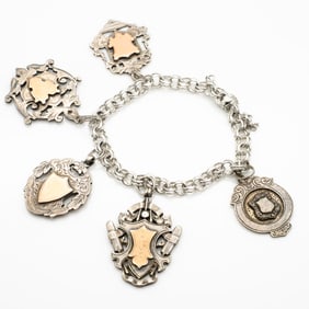 Antique English Sterling Silver Medallion Fob Charm Bracelet