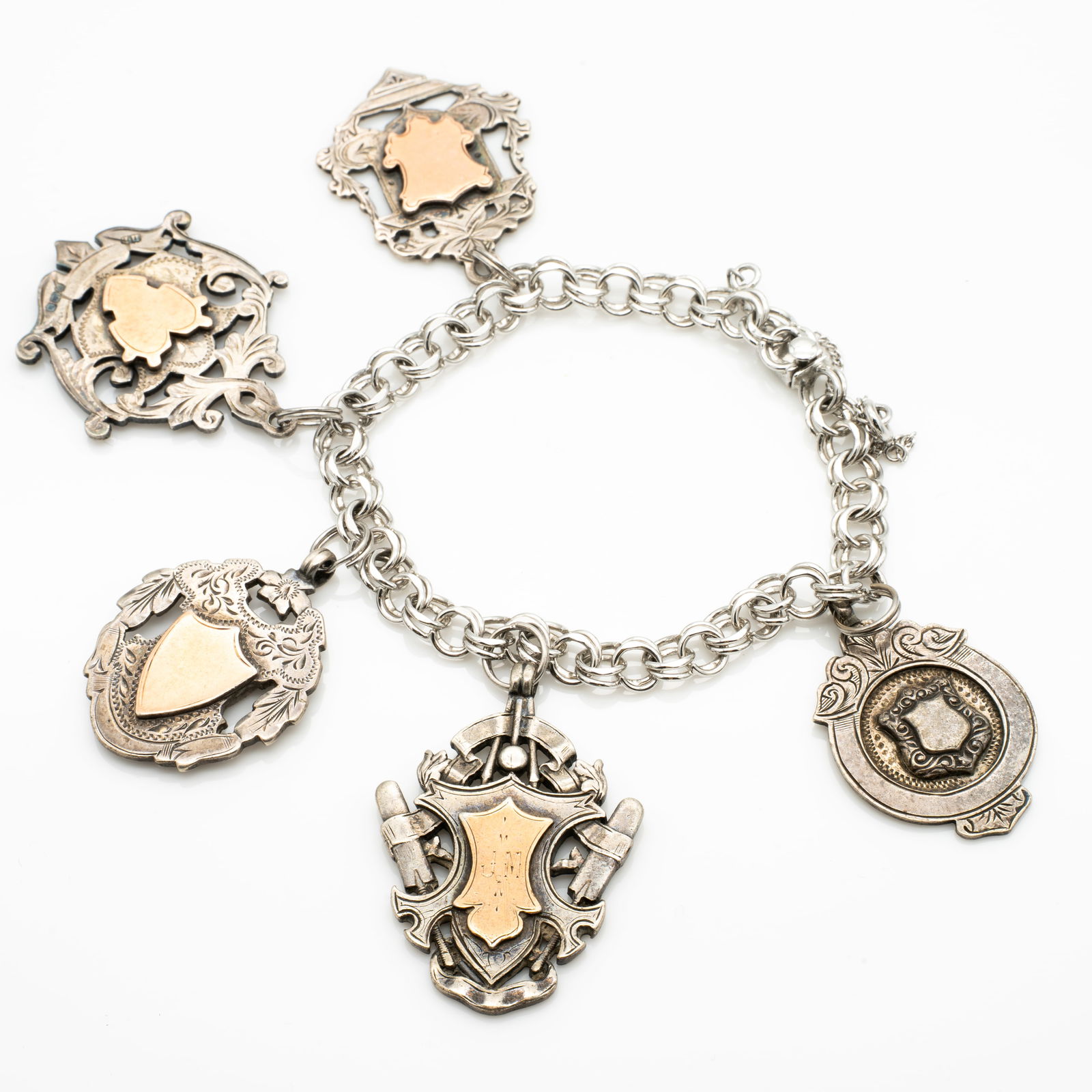 Antique English Sterling Silver Medallion Fob Charm Bracelet (1 of 11)
