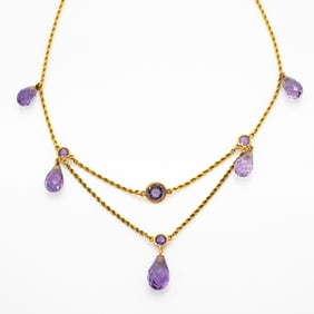 14K Gold Antique Belle Epoque Amethyst Briolette Lavalier Necklace
