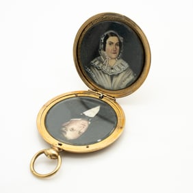 Antique American Gold GF Locket with Hand-Painted Portrait Miniatures