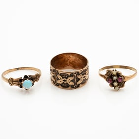 Group of Three Victorian 10k Gold Rings: Ruby, Opal, Pearl, and Ornate Wedding Band