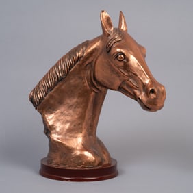 Vintage Bronzed Horse Head Bust Sculpture on Wood Base