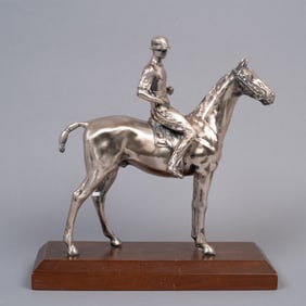 Weidlich Bros., Vintage Silver SP Jockey on Thoroughbred Horse, Mounted on Wood Base