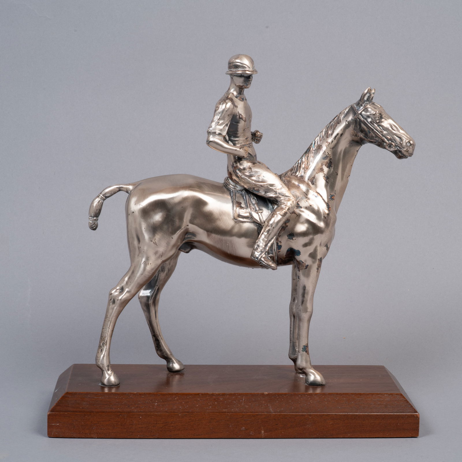 Weidlich Bros., Vintage Silver SP Jockey on Thoroughbred Horse, Mounted on Wood Base (1 of 6)