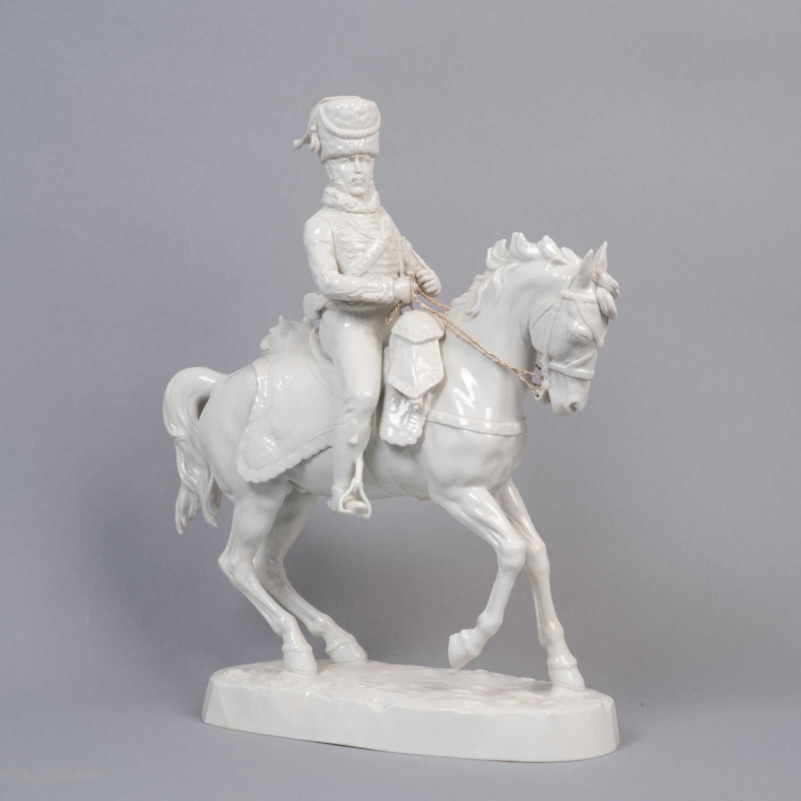 Vintage Carl Thieme Dresden Porcelain Figurine “Napoleonic Hussar Officer on Horseback,?? White: Lot 241 Vintage Carl Thieme Dresden Porcelain Figurine “Napoleonic Hussar Officer on Horseback,” White Glazed No. A8210 Description: White-glazed porcelain figure by Sächsische Porzellanmanuf