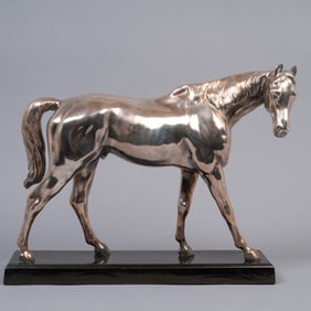 Silvered Bronze Walking Horse Sculpture on Metal Base
