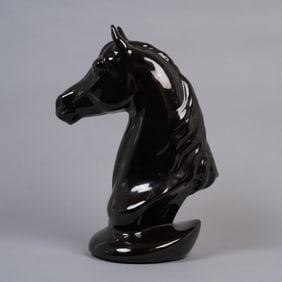 Mid-Century Modern Black Ceramic Horse Head Bust, Glazed Pottery Sculpture