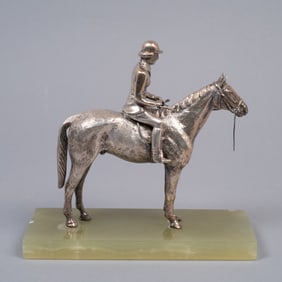 Silvered Metal Equestrian Figure on Green hardstone Base