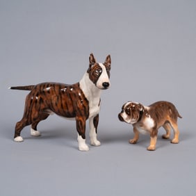 Pair of Royal Doulton Bone China Dog Figurines: Brindle Bull Terrier (HN1143) and Bulldog (HN1047)