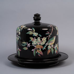 Large Antique Victorian Jackfield Cheese Bell with Warbler and Foliage Decoration