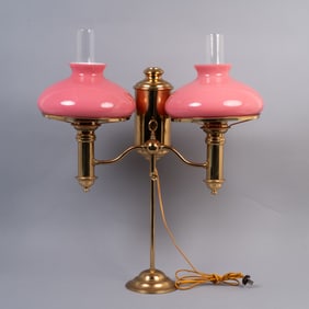 Antique Victorian Double Student Lamp Pink Shade