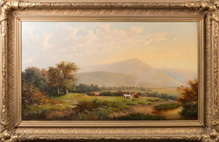 William Walton, Hudson River School, Oil Painting of Cattle amidst trees and Mountain Landscape,