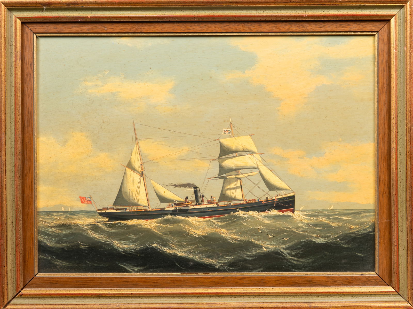 Salvatore Colacicco (Italian, b. 1935), The Steamer & Sails "Swallow" Seascape Painting: Lot 302A Salvatore Colacicco (Italian, b. 1935), The Steamer & Sails "Swallow" Seascape Painting Description: Oil painting by marine artist Salvatore Colacicco, depicting a transitional steam-and-sail