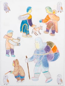Original Inuit Colored Pencil Drawing, Family with Birds and Sled Dog