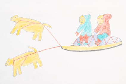 Original Inuit Colored Pencil Drawing, Dog Sled Scene