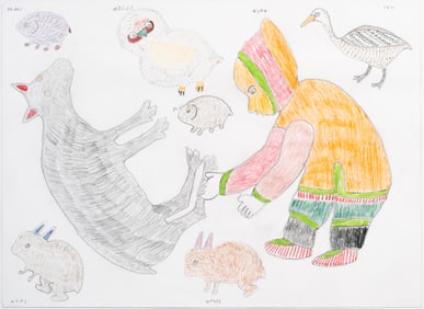 Original Inuit Colored Pencil Drawing, Figure and Animals Scene
