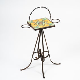 Mission Tile Wrought Iron Stand with Hand-Painted California Pottery Tile Top