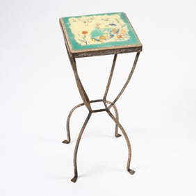 D&M Tiles of Los Angeles, Wrought Iron Stand with Hand-Painted Tile Top Depicting Woman Among