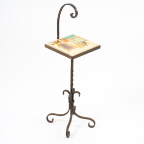 Attributed to San Antonio Tile Company, Wrought Iron Stand with Hand-Painted Tile Top Depicting Two