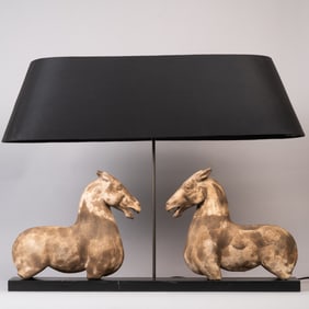 Two-Horse Table Lamp with Custom Black Shade