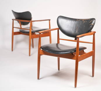 Finn Juhl “FJ 48" Armchairs for Niels Vodder, Copenhagen, Denmark, Signed, c. 1948–50, Teak: Lot 320 Finn Juhl “FJ 48” Armchairs for Niels Vodder, Copenhagen, Denmark, Signed, c. 1948–50, Teak Danish Modern Description: This matched pair of “FJ 48” armchairs were designed by