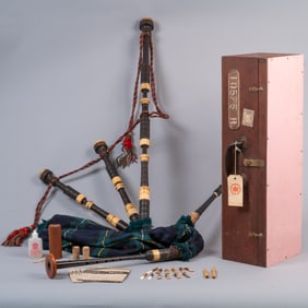 Antique Highland Bagpipes in Case, Musician’s Ephemera & Provenance, c. 1921