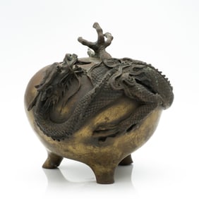 Heavy Chinese Bronze Tripod Censer with Dragon and Archaistic Seal Mark