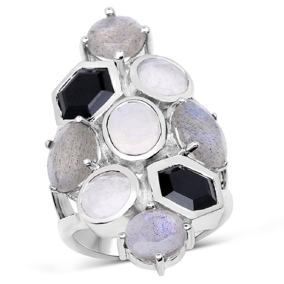 10.30 CTW Genuine White Rainbow Moonstone, Labradorite: 10.30 CTW Genuine White Rainbow Moonstone, Labradorite & Black Onyx .925 Sterling Silver Ring Metal Type: .925 Sterling Silver Setting: Bezel Item: Ring Finish: Rhodium Plated Total CTW: 10.30 Carat <
