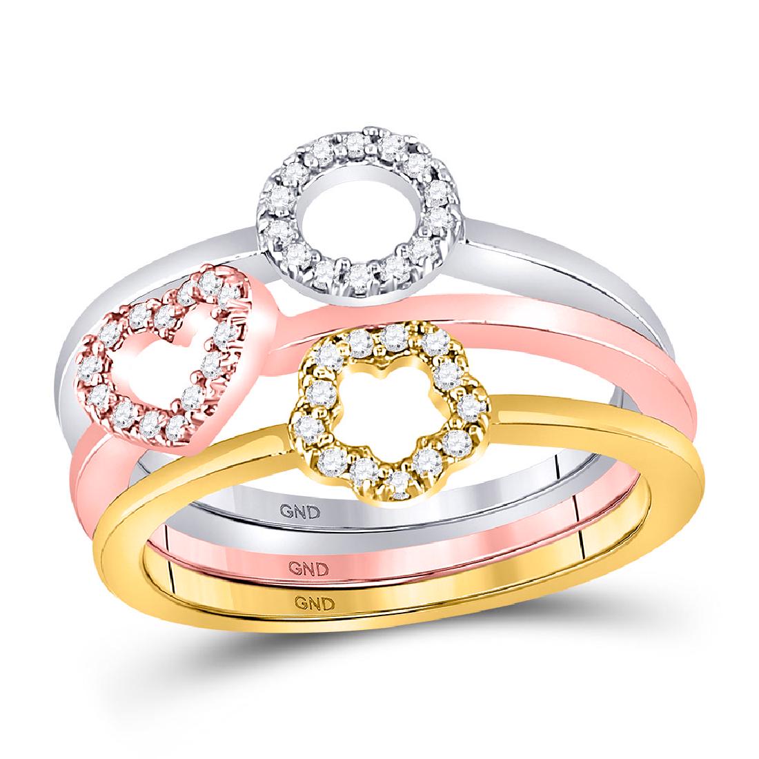 Diamond Circle Heart Star 3-Piece Stackable Ring 10kt: Diamond Circle Heart Star 3-Piece Stackable Ring 10kt Tri-Tone Gold Manufacturer Model: GGA-120757 Description 10kt Tri-Tone Gold Womens Round D
