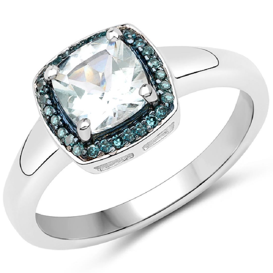 0.83 CTW Genuine Aquamarine & Blue Diamond .925: 0.83 CTW Genuine Aquamarine & Blue Diamond .925 Sterling Silver Ring Metal Type: .925 Sterling Silver Setting: Prongs Item: Ring Finish: Rhodium Plated Total CTW: 0.83 Carat Length 8.89 MM <br