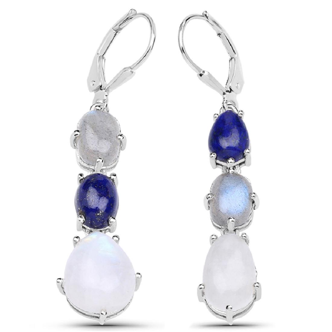 10.17 CTW Genuine Lapis, Labradorite & White Rainbow: 10.17 CTW Genuine Lapis, Labradorite & White Rainbow Moonstone .925 Sterling Silver Earrings Metal Type: .925 Sterling Silver Setting: Prong Item: Earrings Finish: Rhodium Plated Total CTW: 10.17 Cara