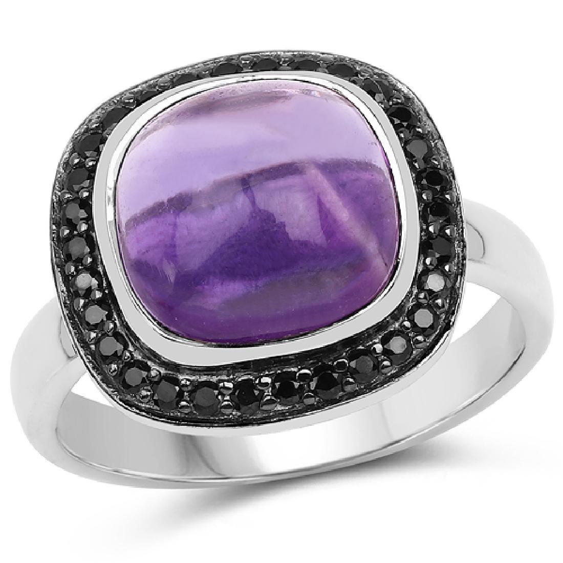 5.25 CTW Genuine Amethyst & Black Spinel .925 Sterling: 5.25 CTW Genuine Amethyst & Black Spinel .925 Sterling Silver Ring Metal Type: .925 Sterling Silver Setting: Bezel Item: Ring Finish: Rhodium Plated Total CTW: 5.25 Carat Length 14.62 MM W