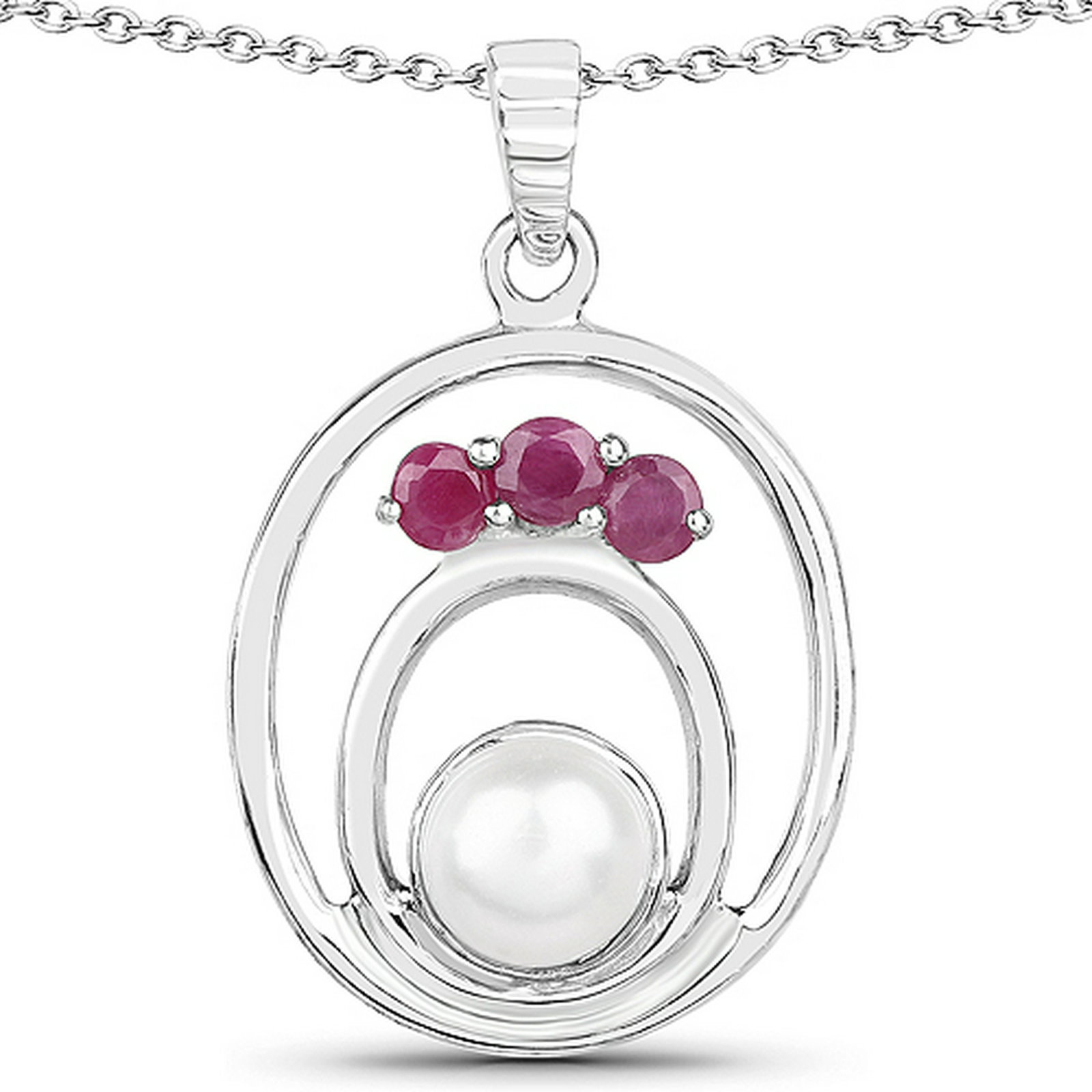 2.34 CTW Genuine Pearl & Ruby .925 Sterling Silver: 2.34 CTW Genuine Pearl & Ruby .925 Sterling Silver Pendant Metal Type: .925 Sterling Silver Setting: Prong-Set Item:Pendant Finish:Rhodium Plated Total CTW:2.34 Carat Length: 29.40 MM Width: