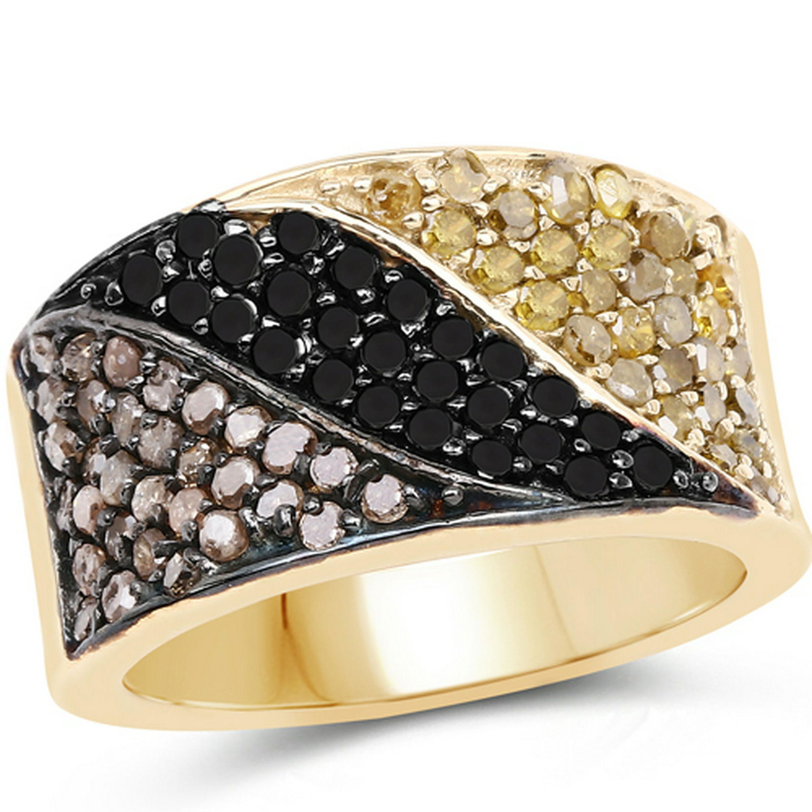 1.25 CTW Genuine Black Diamond, Champagne Diamond &: 1.25 CTW Genuine Black Diamond, Champagne Diamond & Yellow Diamond .925 Sterling Silver Ring Metal Type: .925 Sterling Silver Setting: Prong Item: Ring Finish: 14K Yellow Gold Plated Total CTW: 1.25 C