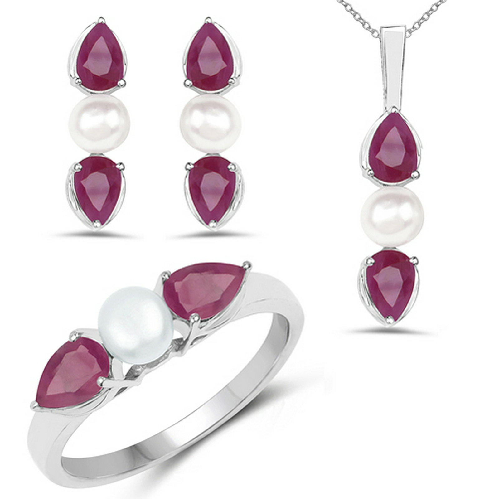 5.60 CTW Genuine Ruby & Pearl .925 Sterling Silver: 5.60 CTW Genuine Ruby & Pearl .925 Sterling Silver Ring, Pendant & Earrings Set Metal Type: .925 Sterling Silver Setting: Prong-Set Item:Pendant Finish:Rhodium Plated Total CTW:5.60 Carat Length: <