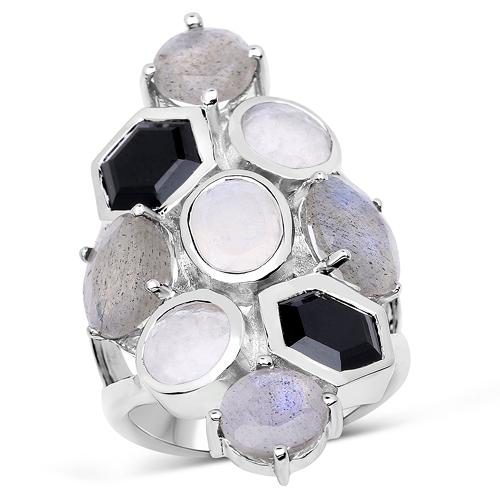 10.30 CTW Genuine White Rainbow Moonstone, Labradorite: 10.30 CTW Genuine White Rainbow Moonstone, Labradorite & Black Onyx .925 Sterling Silver Ring Metal Type: .925 Sterling Silver Setting: Bezel Item: Ring Finish: Rhodium Plated Total CTW: 10.30 Carat <