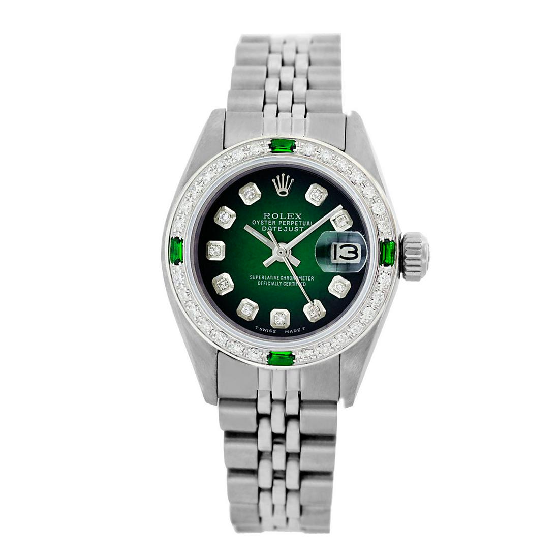 Pre-owned Excellent Condition Rolex Datejust Lady 26mm: Pre-owned Excellent Condition Rolex Datejust Lady 26mm Model: Rolex Datejust Lady 26mm Sapphire Crystal Dial: Custom (Not Rolex) Green Vignette Dial Markers: 10 Genuine Diamonds Diamond: G-H color/ SI