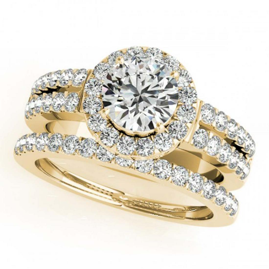 1 ctw VS/SI Diamond 2pc Wedding Set Halo 14K Yellow: 1 ctw VS/SI Diamond 2pc Wedding Set Halo 14K Yellow Gold Designer Brand Luxury Jewelry, made in the USA Suggested Retail Price: $7,450 Factory offers perfect factory sizing, for all rings & custom len