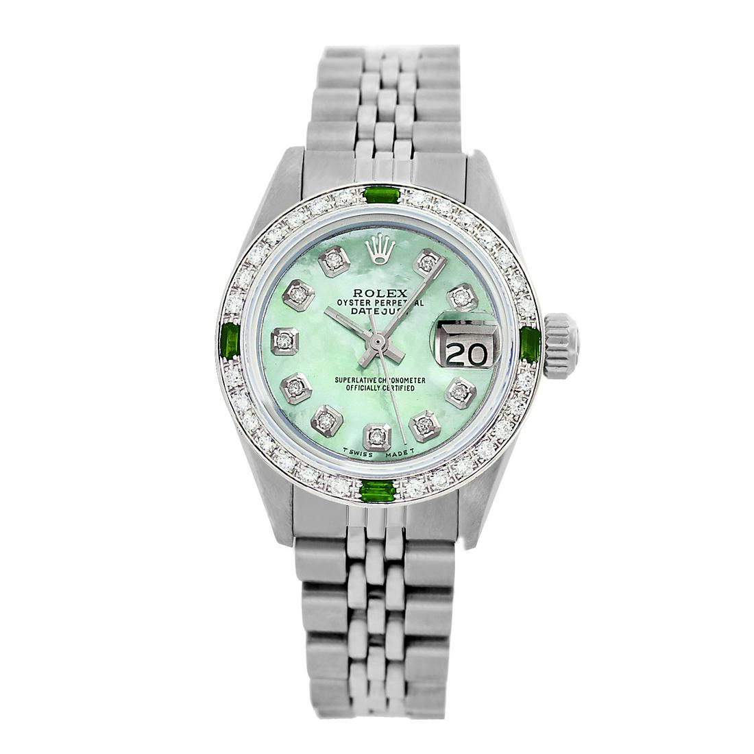 Pre-owned Excellent Condition Rolex Datejust Lady 26mm: Pre-owned Excellent Condition Rolex Datejust Lady 26mm Model: Rolex Datejust Lady 26mm Sapphire Crystal Dial: Custom (Not Rolex) Green MOP Dial Markers: 10 Genuine Diamonds Diamond: G-H color/ SI1-SI2