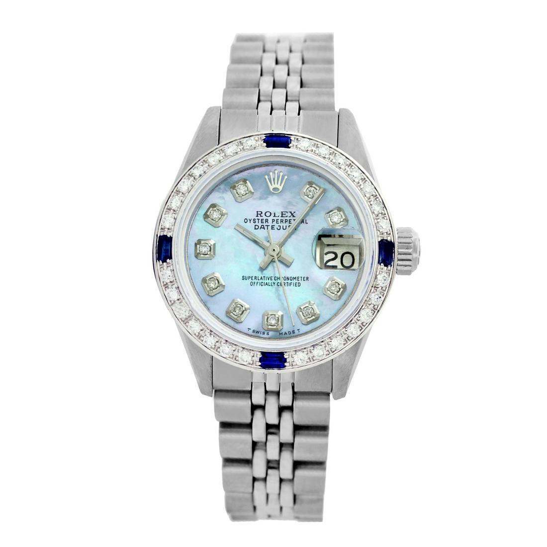 Pre-owned Excellent Condition Rolex Datejust Lady 26mm: Pre-owned Excellent Condition Rolex Datejust Lady 26mm Model: Rolex Datejust Lady 26mm Sapphire Crystal Dial: Custom (Not Rolex) Blue MOP Dial Markers: 10 Genuine Diamonds Diamond: G-H color/ SI1-SI2