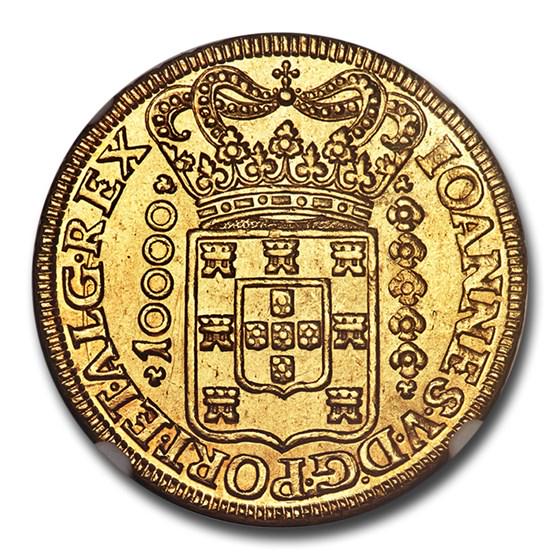 1725-M Brazil Gold 10000 Reis MS-62 NGC: One piece 1725-M Brazil Gold 10000 Reis MS-62 NGC SKU: GG200254