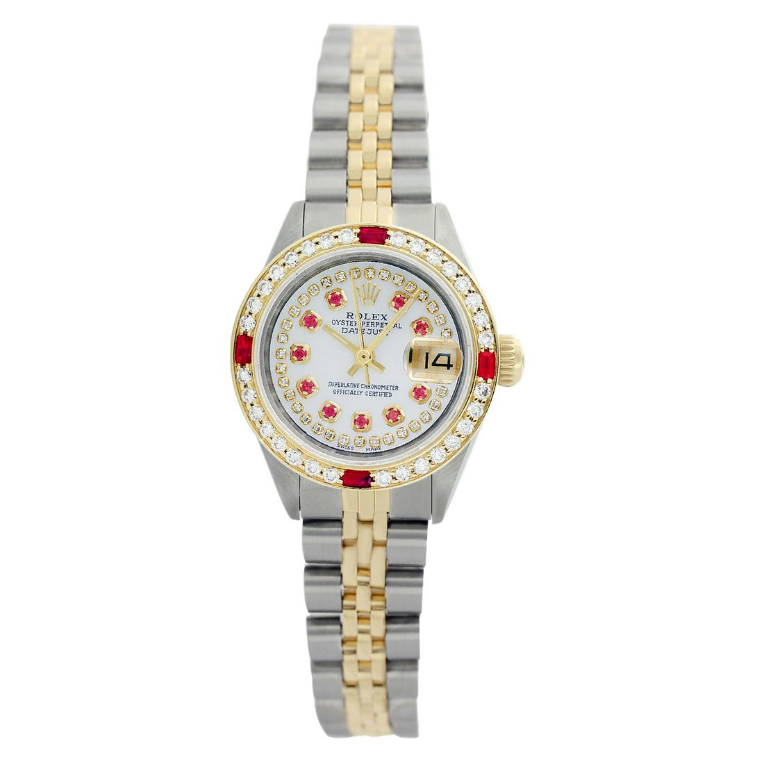 Pre-owned Excellent Condition Rolex Datejust Lady 26mm: Pre-owned Excellent Condition Rolex Datejust Lady 26mm Model: Rolex Datejust Lady 26mm Sapphire Crystal Dial: Custom (Not Rolex) String White Dial Dial Markers: 10 Ruby Diamond: G-H color/ SI1-SI2 cla