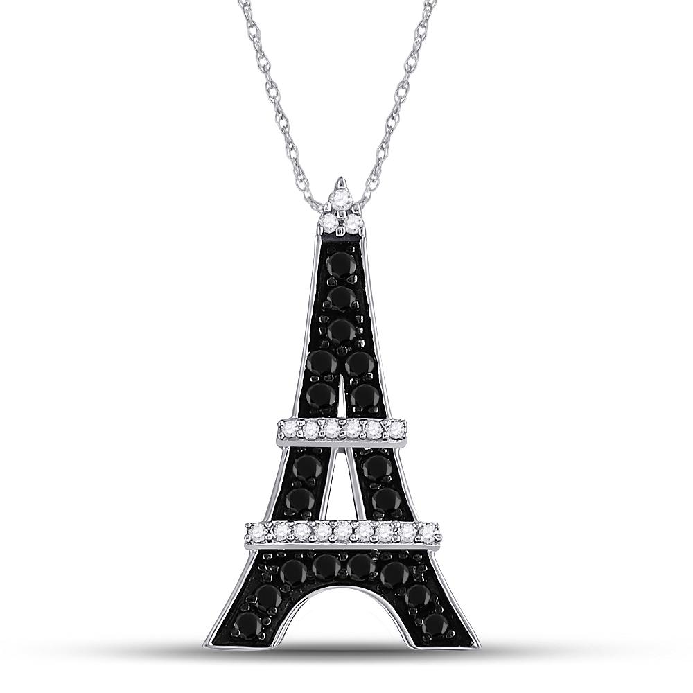 10kt White Gold Round Black Color Enhanced Diamond: SKU: RB57446 ---- 10kt White Gold Round Black Color Enhanced Diamond Eiffel Tower France Pendant 1/3 Cttw Manufacturer Model: JSC-57446 Description