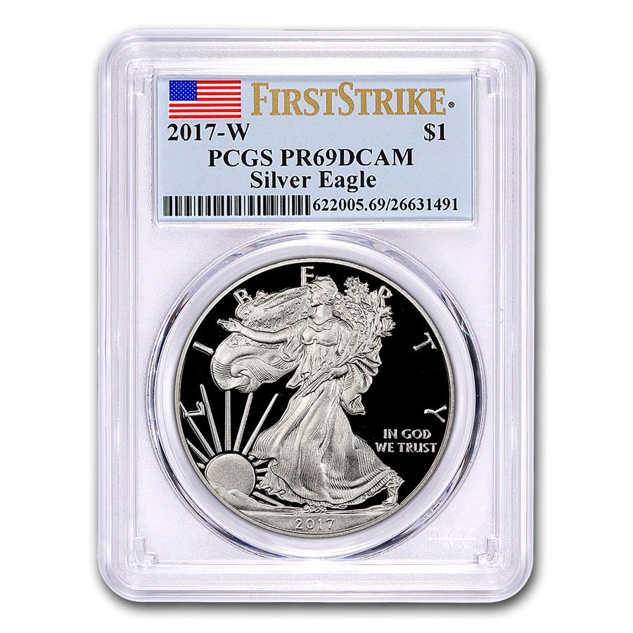 2017-W Proof Silver American Eagle PR-69 PCGS: 2017-W Proof Silver American Eagle PR-69 PCGS (FirstStrike®) Your winning item will match the quality of the product shown. Dates will be according to listing, may or may not vary.