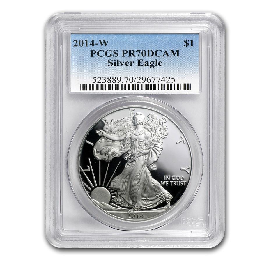 2014-W Proof Silver American Eagle PR-70 PCGS: 2014-W Proof Silver American Eagle PR-70 PCGS Your winning item will match the quality of the product shown. Dates will be according to listing, may or may not vary.