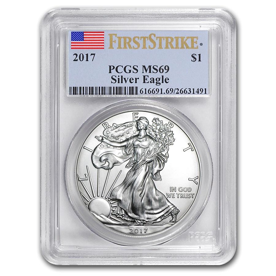 2017 Silver American Eagle MS-69 PCGS (FirstStrike®): 2017 Silver American Eagle MS-69 PCGS (FirstStrike®) Your winning item will match the quality of the product shown. Dates will be according to listing, may or may not vary.
